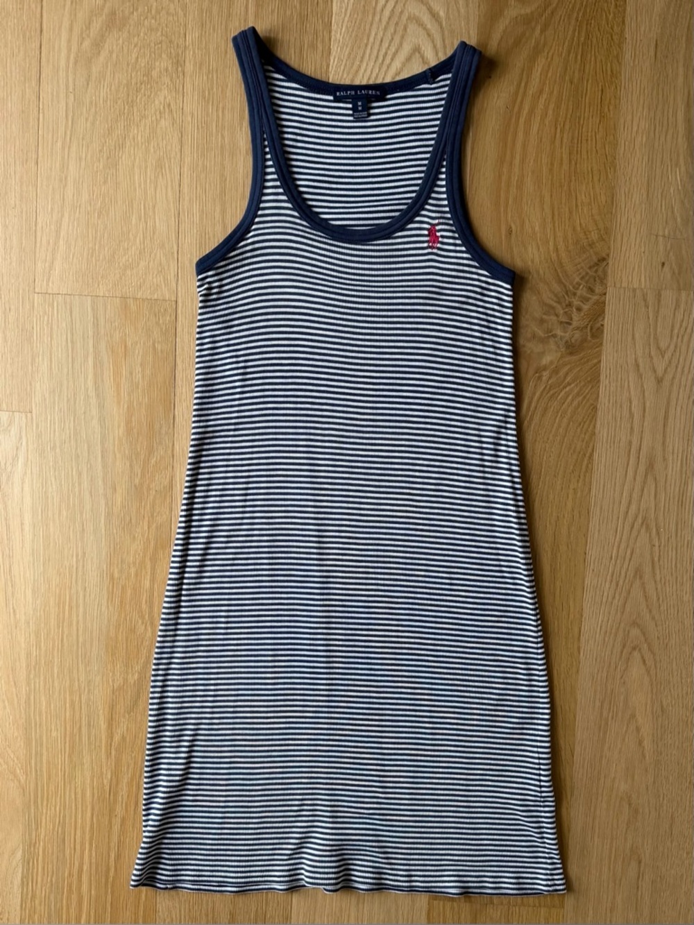RALPH LAUREN Y2K Preppy Navy Blue Striped Tank Dress Pink Polo Pony